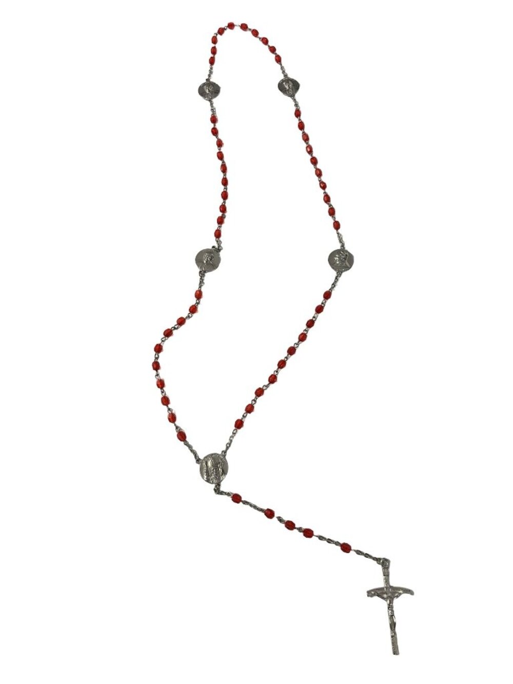 Vintage Pope John Paul II Rosary Red Glass Beads Silver Tone Crucifix 23”
